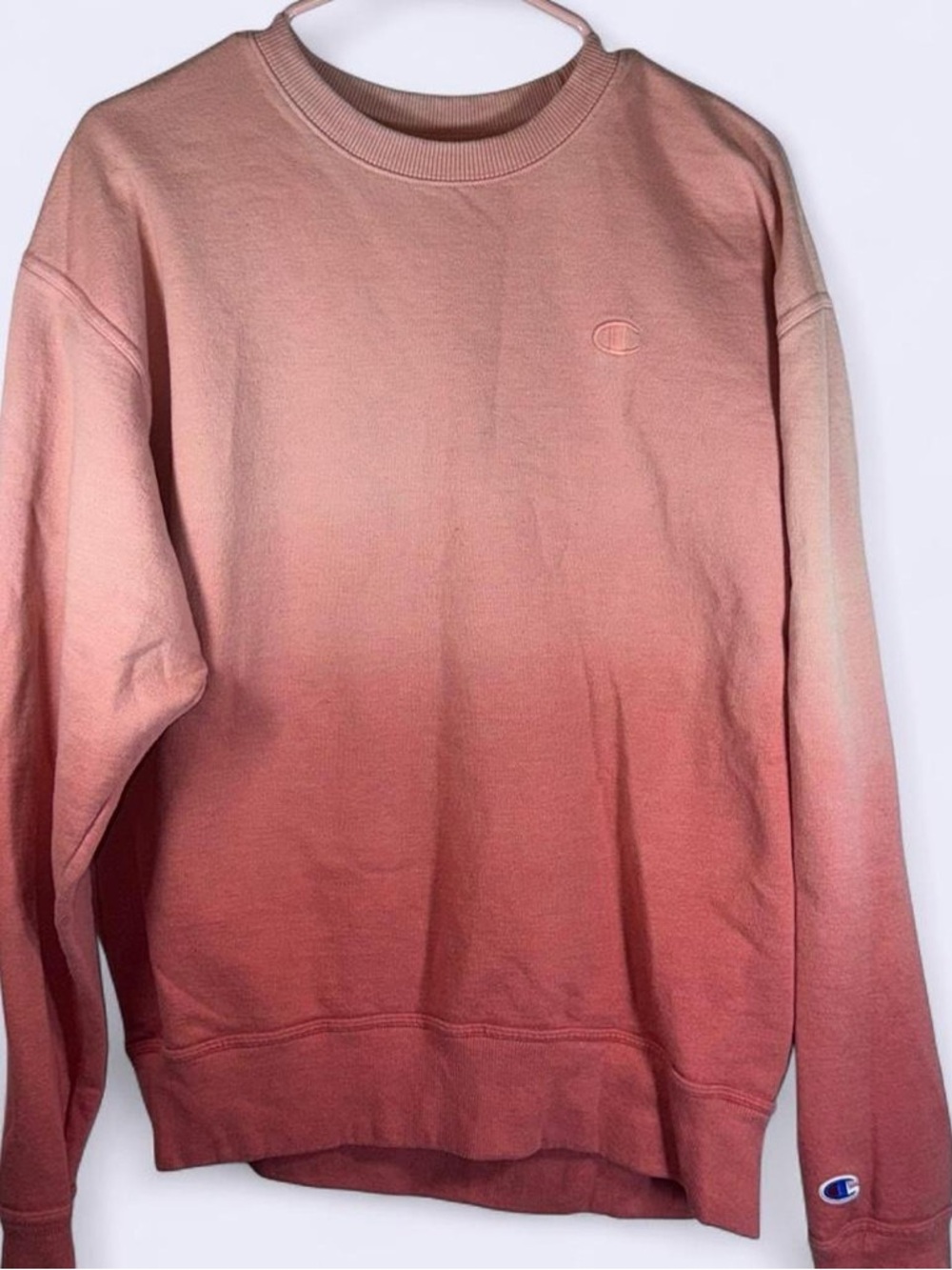 Champion Ombre Crewneck Sweatshirt Pink Fade Logo Sleeve Casual Pullover Size M